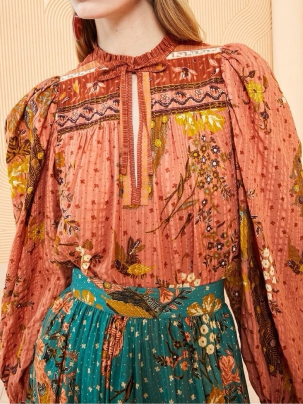 Ulla Johnson Rana Blouse Cardinal Peacock Floral Balloon Sleeve Size 0